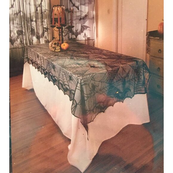 Gothic Black Lace Tablecloth Spider Web Bats Table Cloth Halloween Party Spooky - Picture 1 of 8